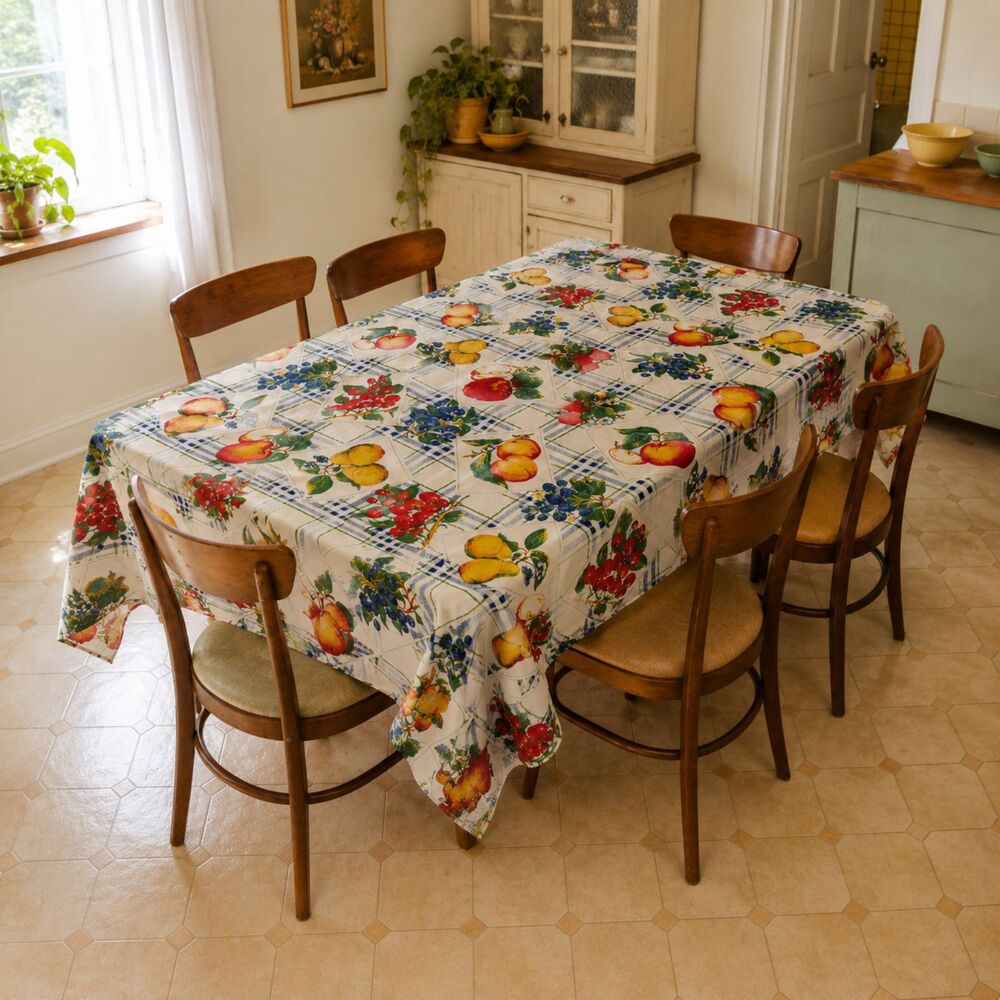 Vintage Fruit Print Tablecloth 67x104 Apples Lemons Berries Plaid Farmhouse